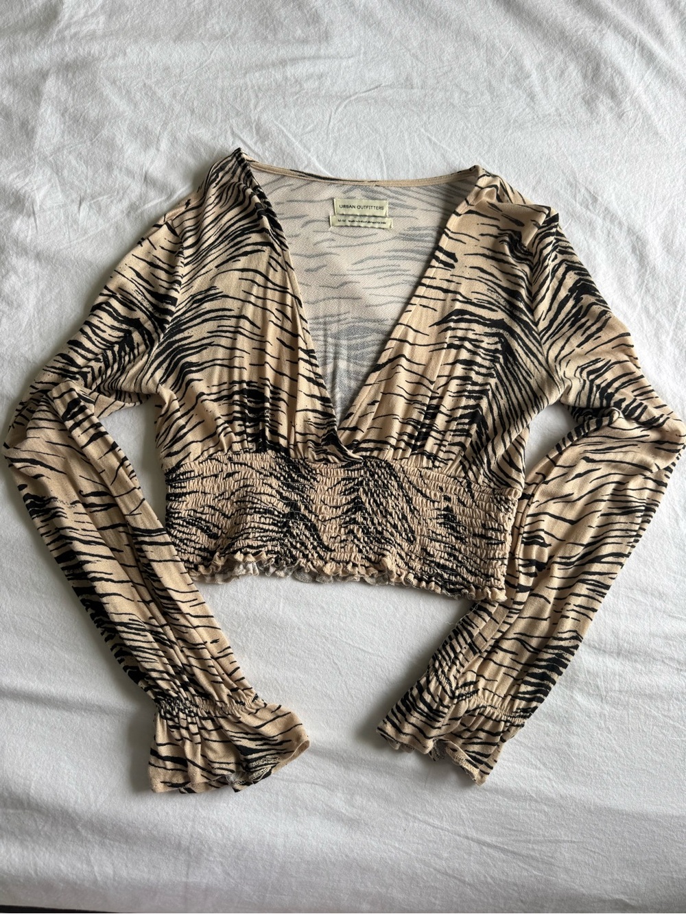 Urban Outfitters Beige and Black Zebra-Print Smocked Crop Top